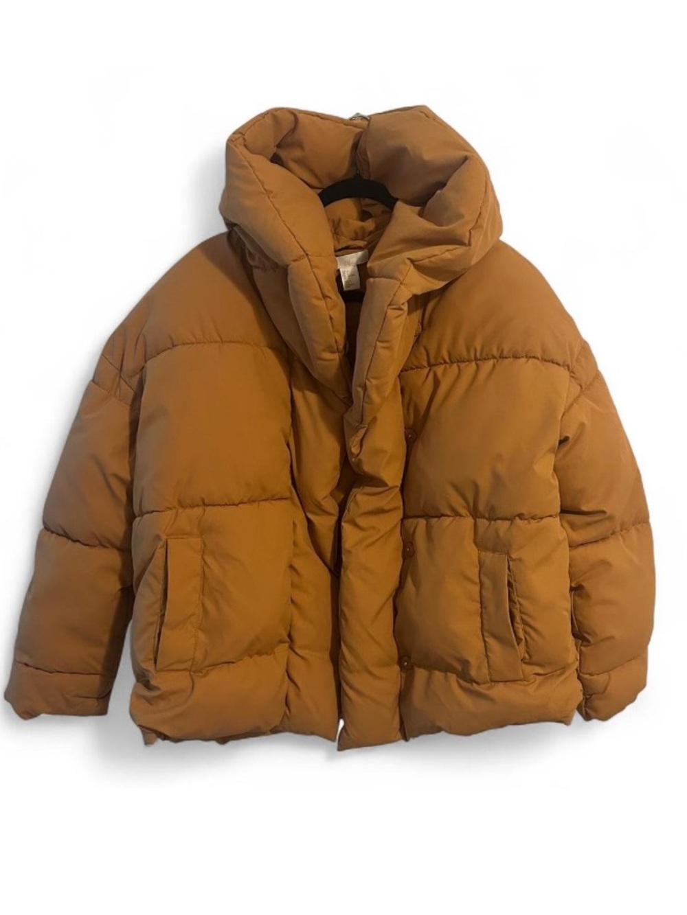 H&M Oversized Tan/Camel Puffer Coat Outerwear Hooded Jacket w/ Pockets Size 4